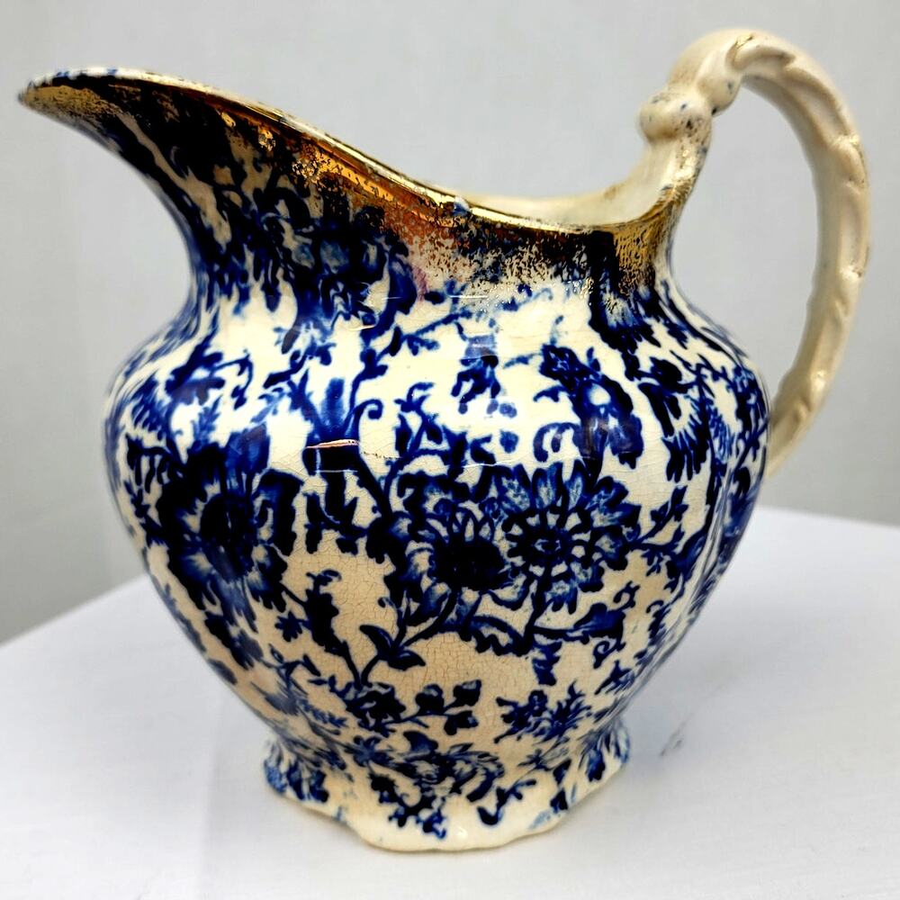 Pitcher Blue and White Floral Pattern Gold Rim Detailing Transferware 1930s